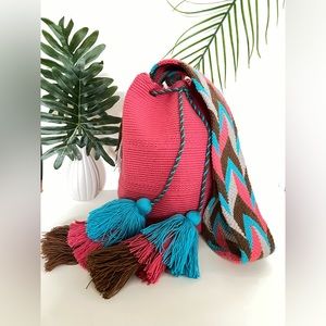 Pink & Blue Colorful Summer Handwoven Bag - Fun Beach Mochila Crossbody Bag
